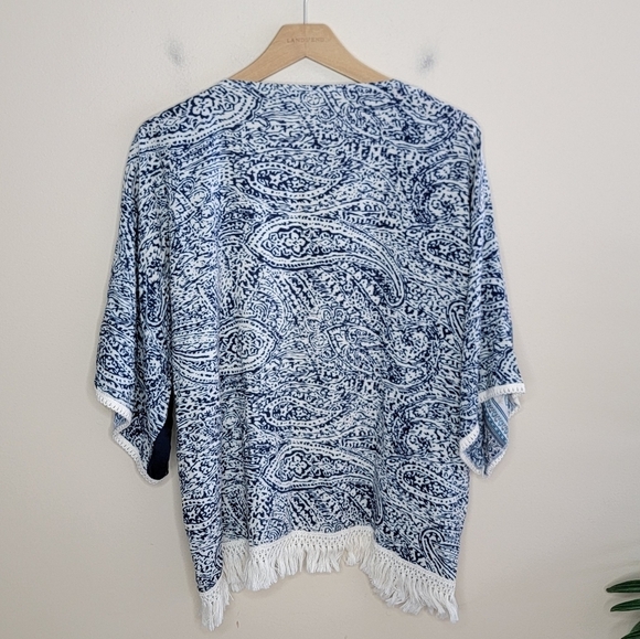 Anthropologie Roffe | Boho Blue Patterned Kimono Cardigan Fringe Hem One Size - Picture 7 of 8